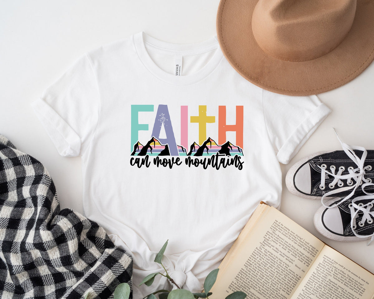 Faith Can Move Mountains T-Shirt: Christian Cross Graphic