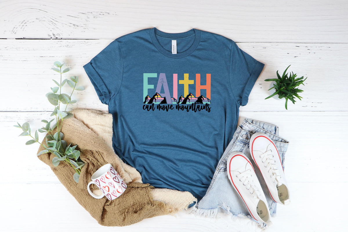 Faith Can Move Mountains T-Shirt: Christian Cross Graphic