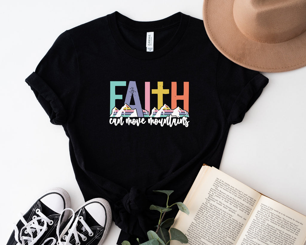 Faith Can Move Mountains T-Shirt: Christian Cross Graphic