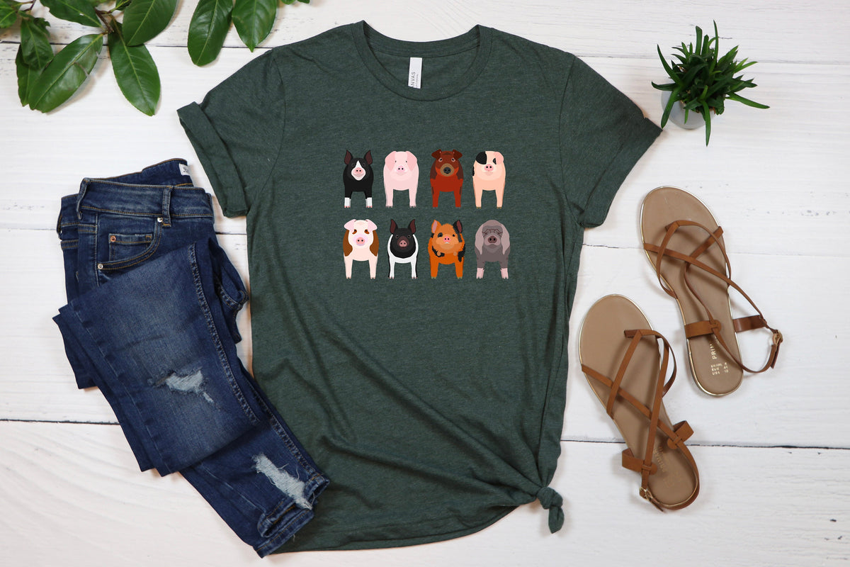 Cute Pig Breeds T-Shirt, Farm Animals Tee, Gift for Mom