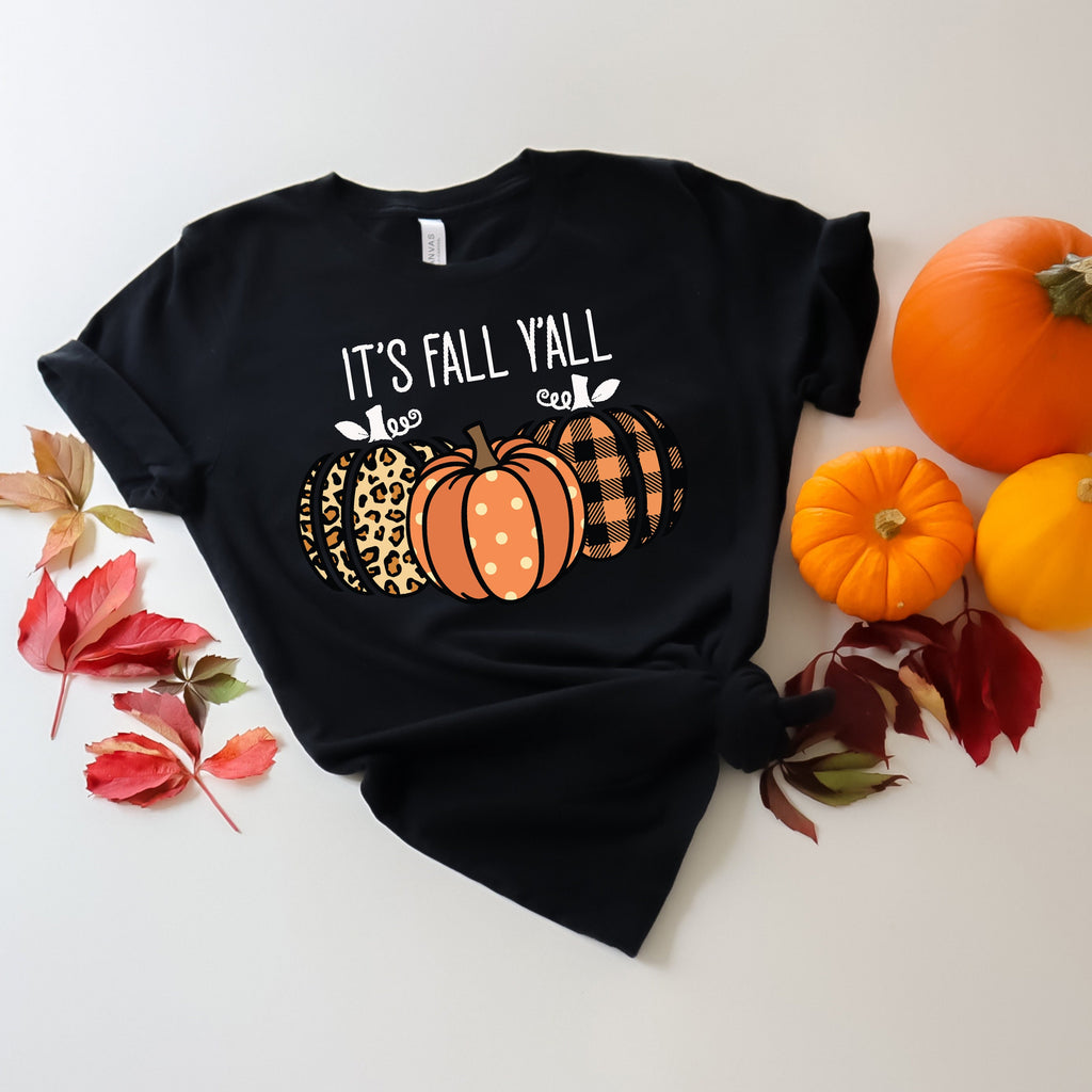 It's Fall Y'all Pumpkin Shirt: Leopard & Plaid Thanksgiving Tee