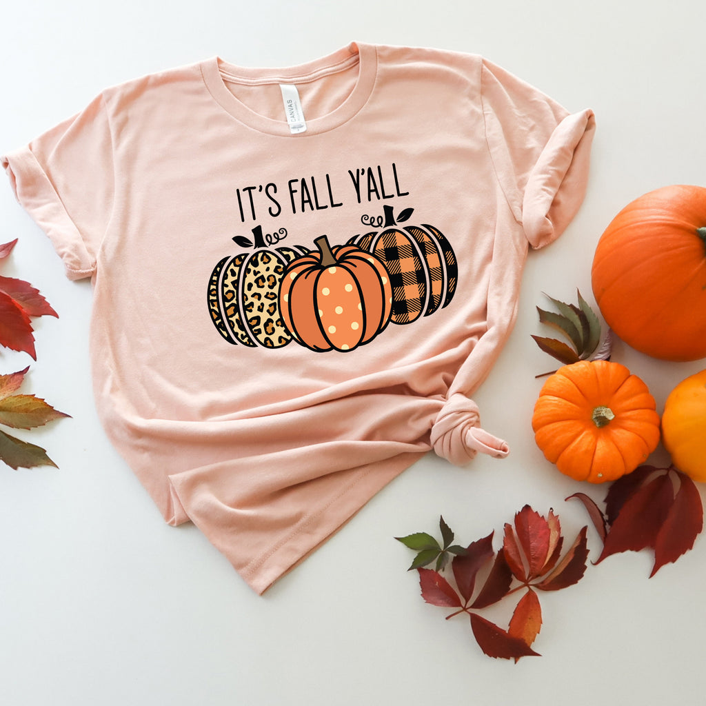 It's Fall Y'all Pumpkin Shirt: Leopard & Plaid Thanksgiving Tee