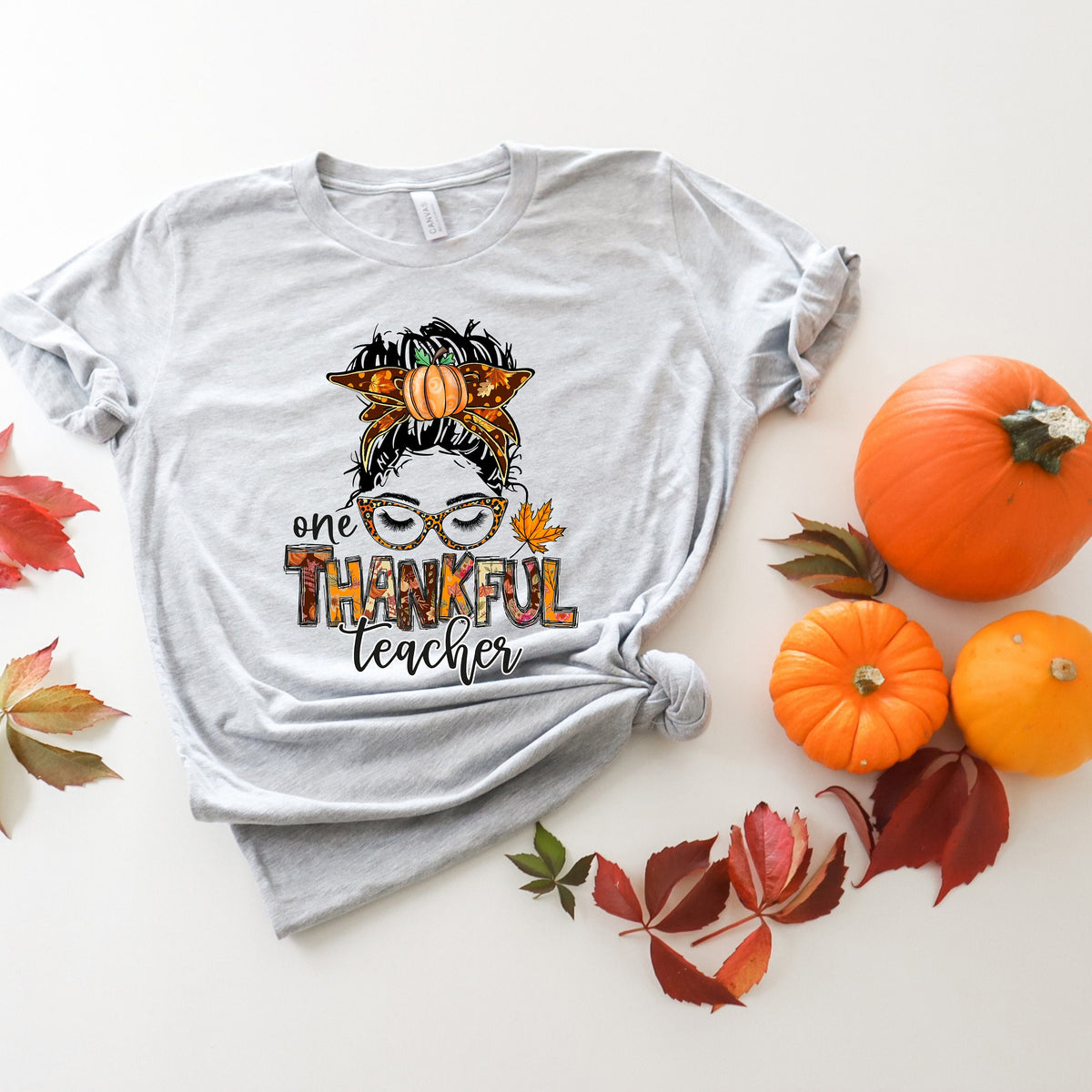 Thankful Teacher Shirt: Thanksgiving Pumpkin Messy Bun Tee