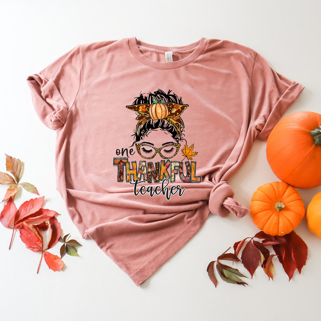 Thankful Teacher Shirt: Thanksgiving Pumpkin Messy Bun Tee
