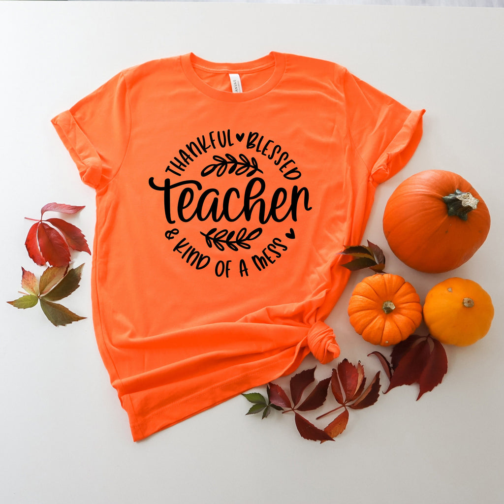 Thankful Teacher Shirt: Thanksgiving Messy Bun Tee