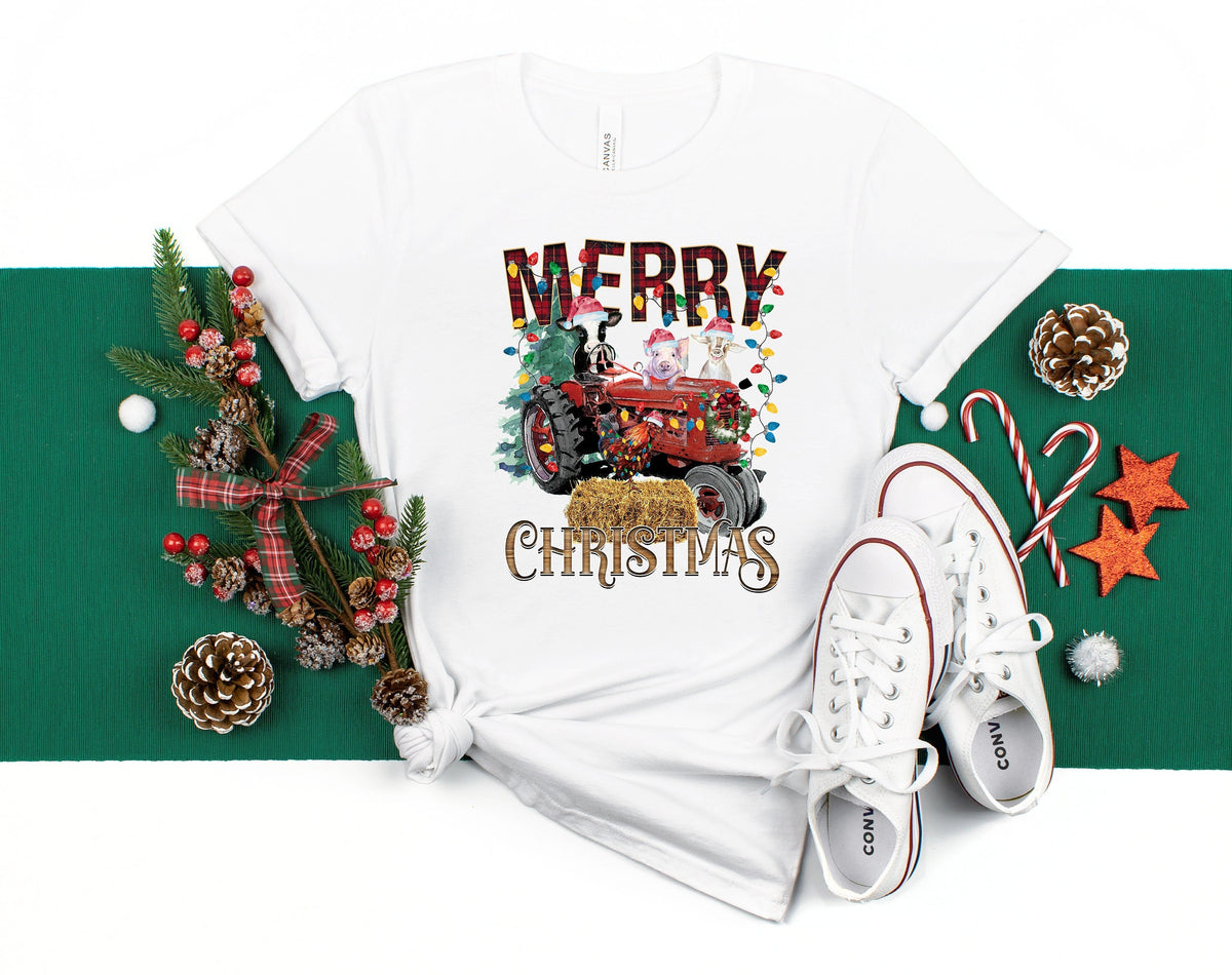 Farm Animals Christmas Shirt: Highland Cow Tractor Tee