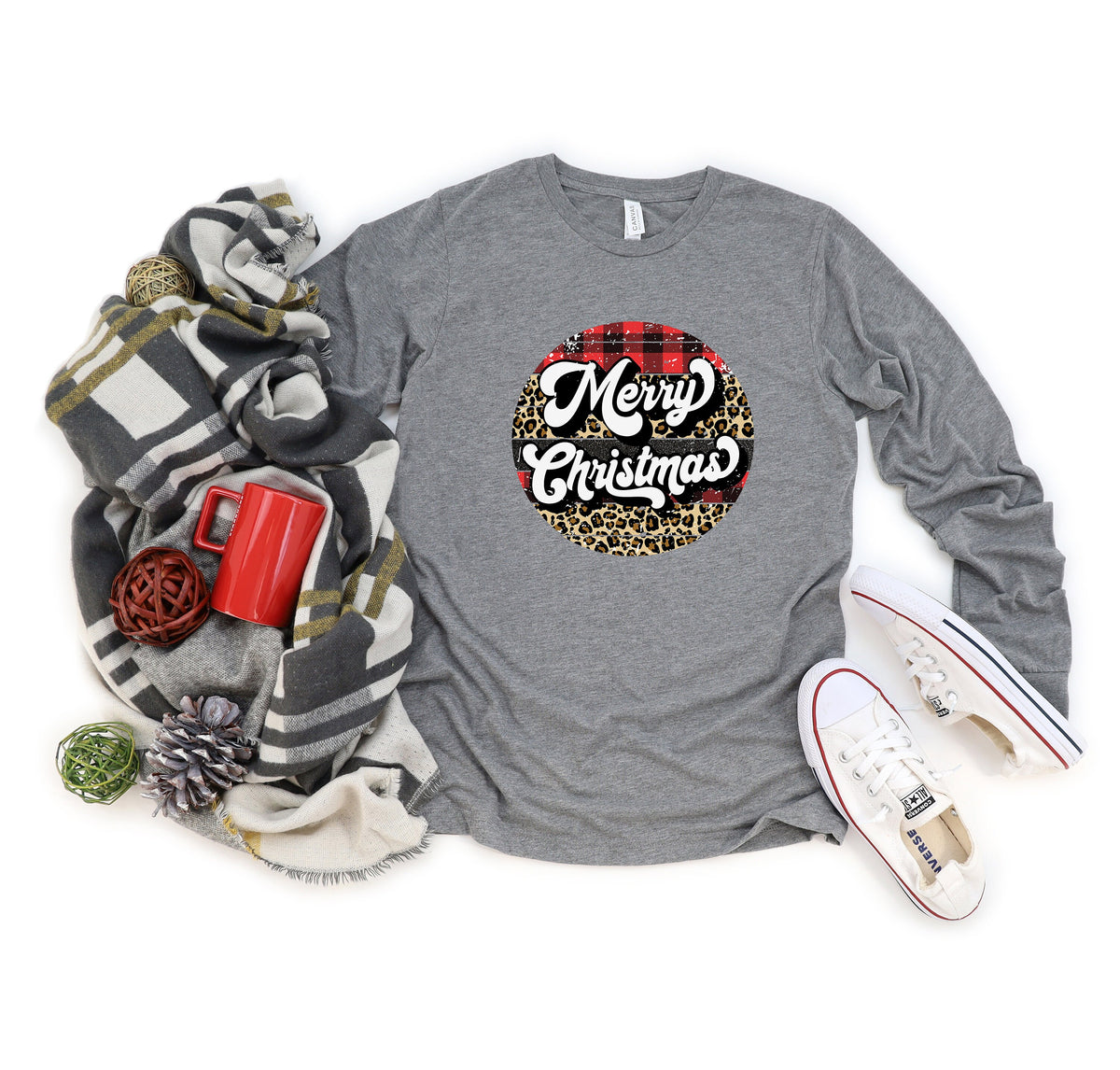 Womens Merry Christmas T-Shirt: Plaid & Leopard Print