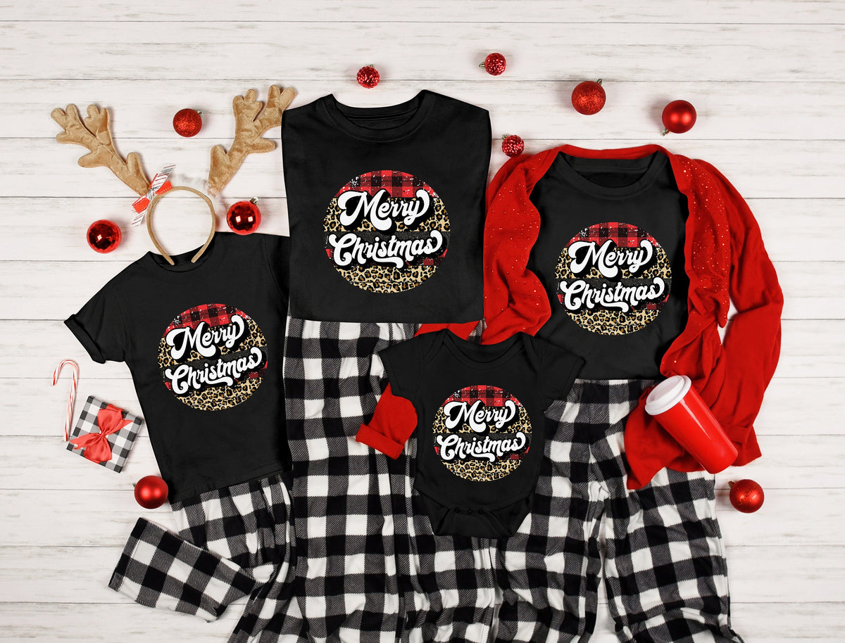 Womens Merry Christmas T-Shirt: Plaid & Leopard Print