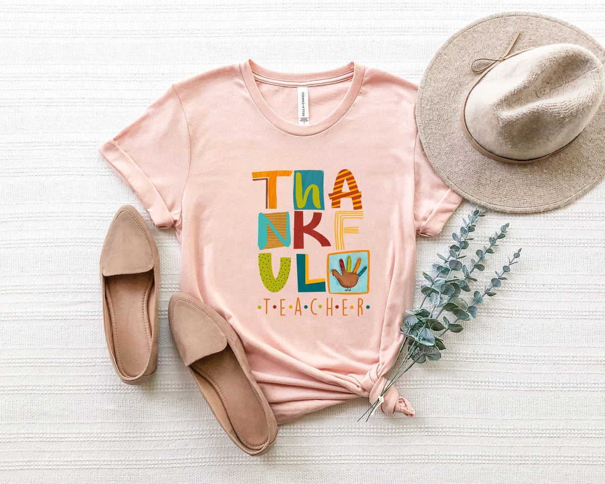 Thankful Teacher Thanksgiving T-Shirt, Cute Turkey Design