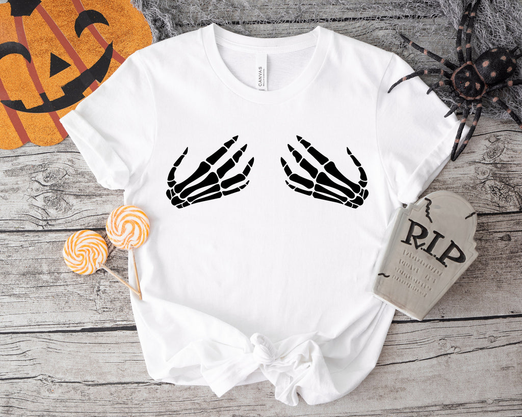 Skeleton Hand Bra T-Shirt: Funny Halloween Party Shirt