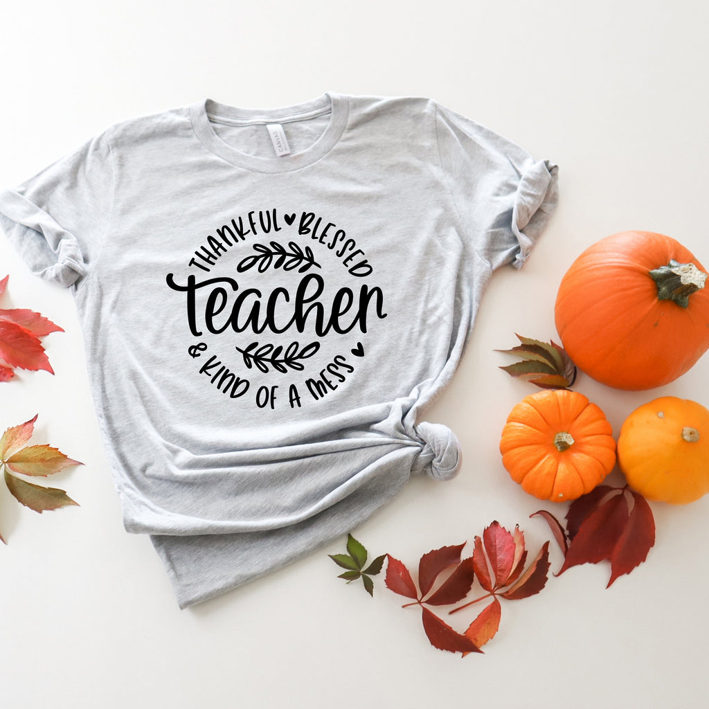 Thankful Teacher Shirt: Thanksgiving Messy Bun Tee