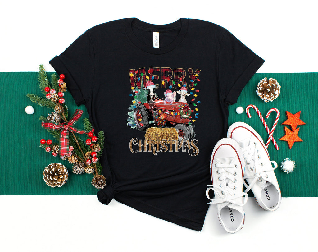 Farm Animals Christmas Shirt: Highland Cow Tractor Tee