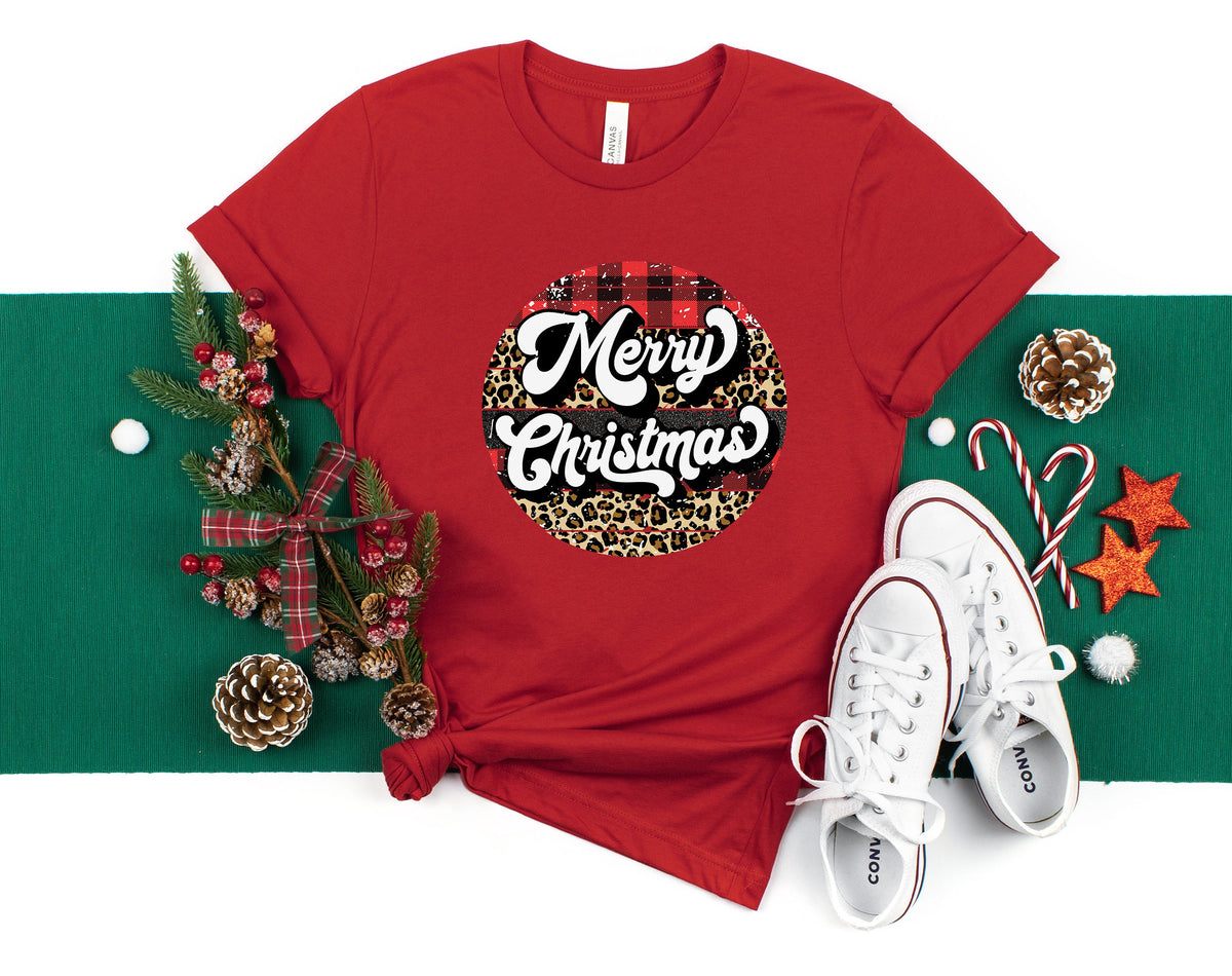 Womens Merry Christmas T-Shirt: Plaid & Leopard Print