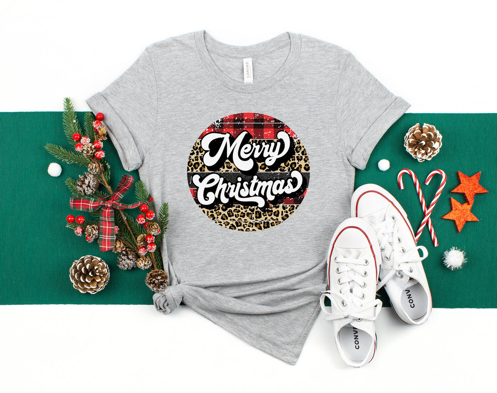 Womens Merry Christmas T-Shirt: Plaid & Leopard Print