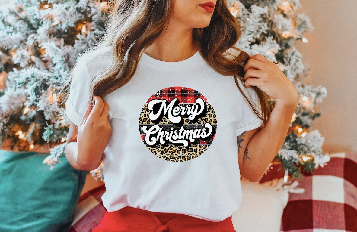 Womens Merry Christmas T-Shirt: Plaid & Leopard Print