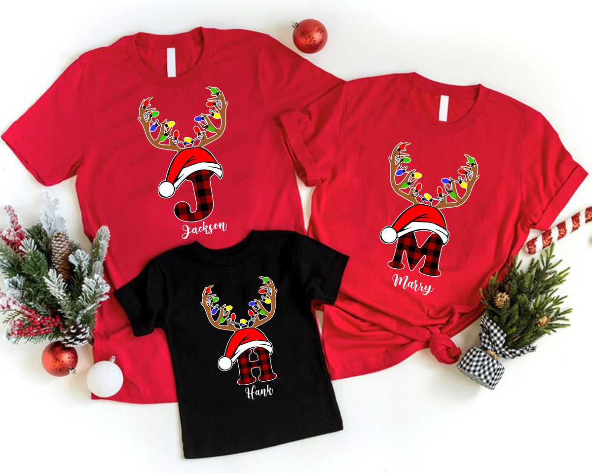 Personalized Family Christmas T-Shirt: Buffalo Plaid Reindeer Initial