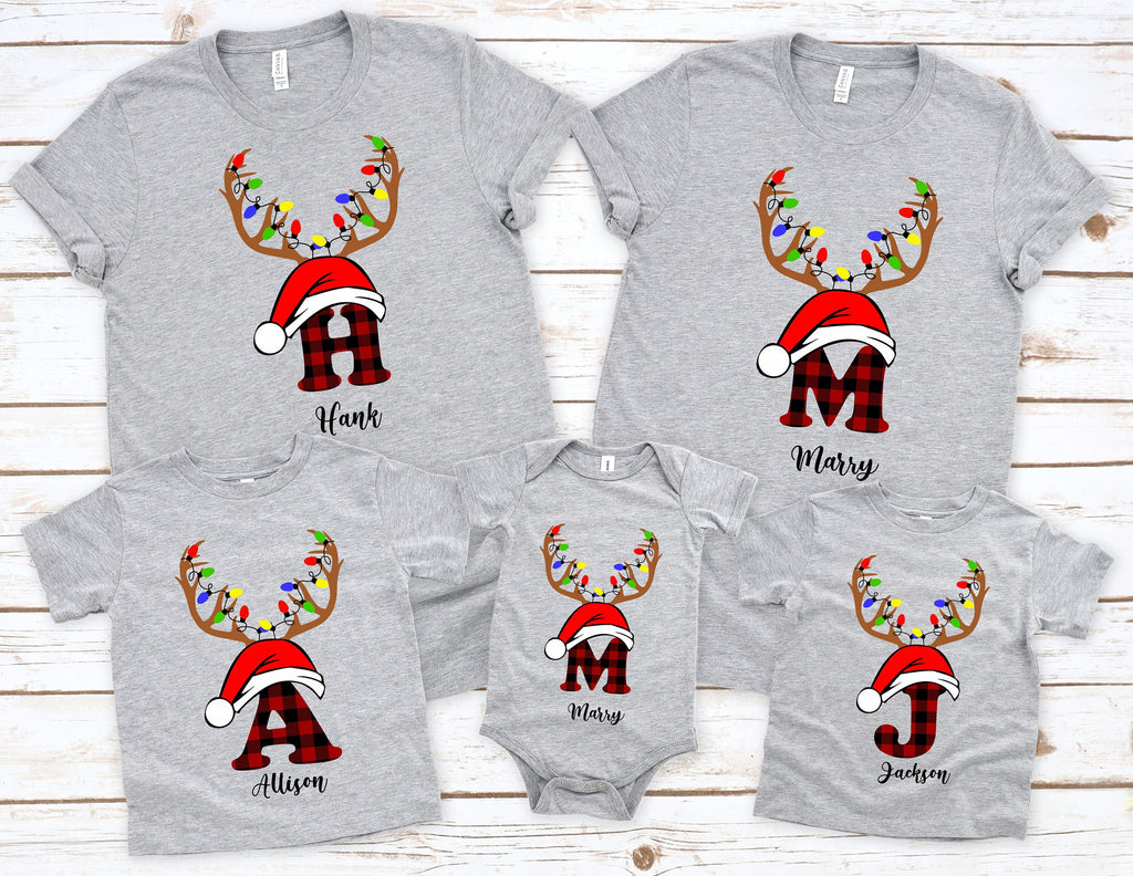 Personalized Family Christmas T-Shirt: Buffalo Plaid Reindeer Initial