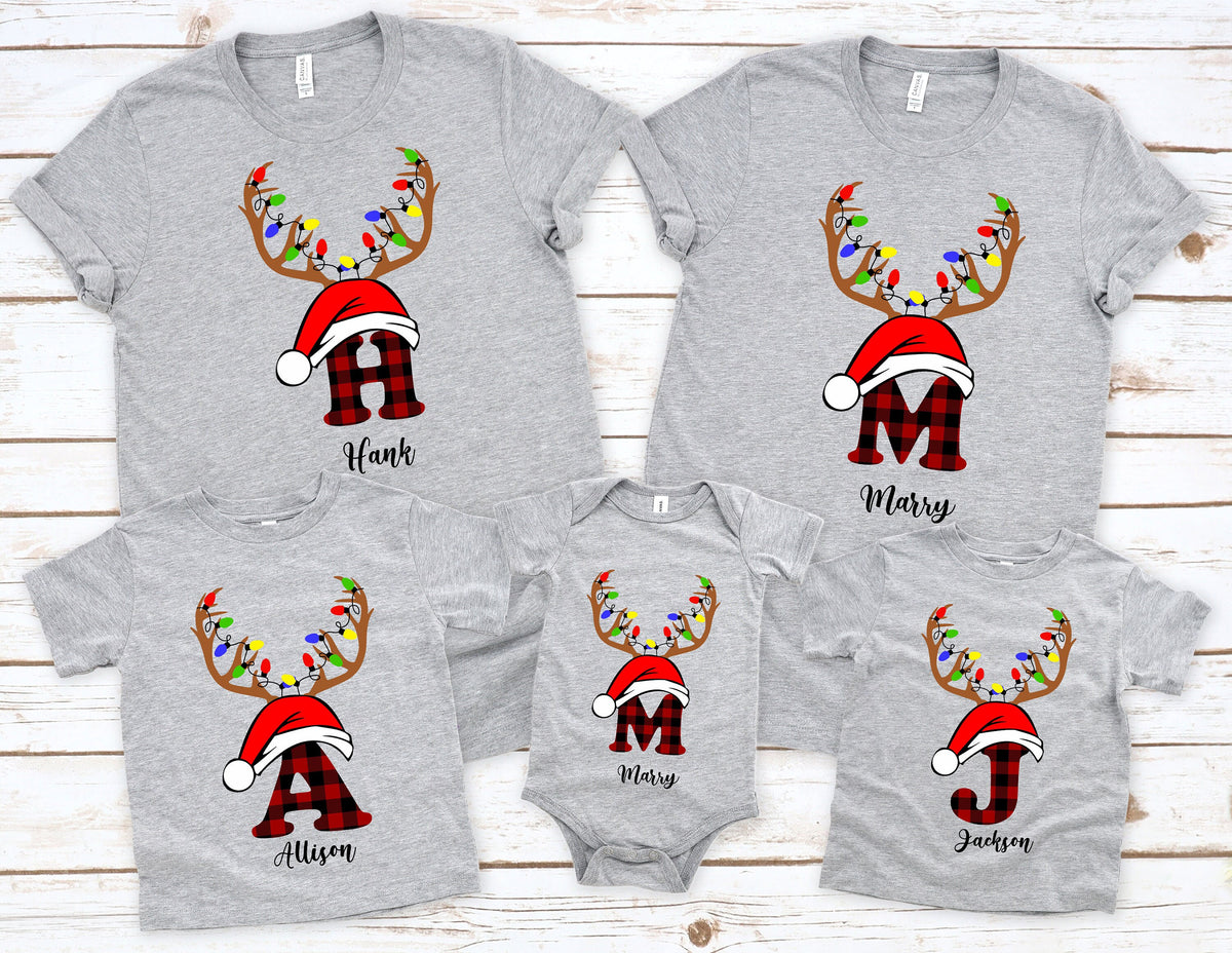 Personalized Family Christmas T-Shirt: Buffalo Plaid Reindeer Initial