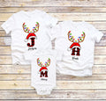 Personalized Family Christmas T-Shirt: Buffalo Plaid Reindeer Initial