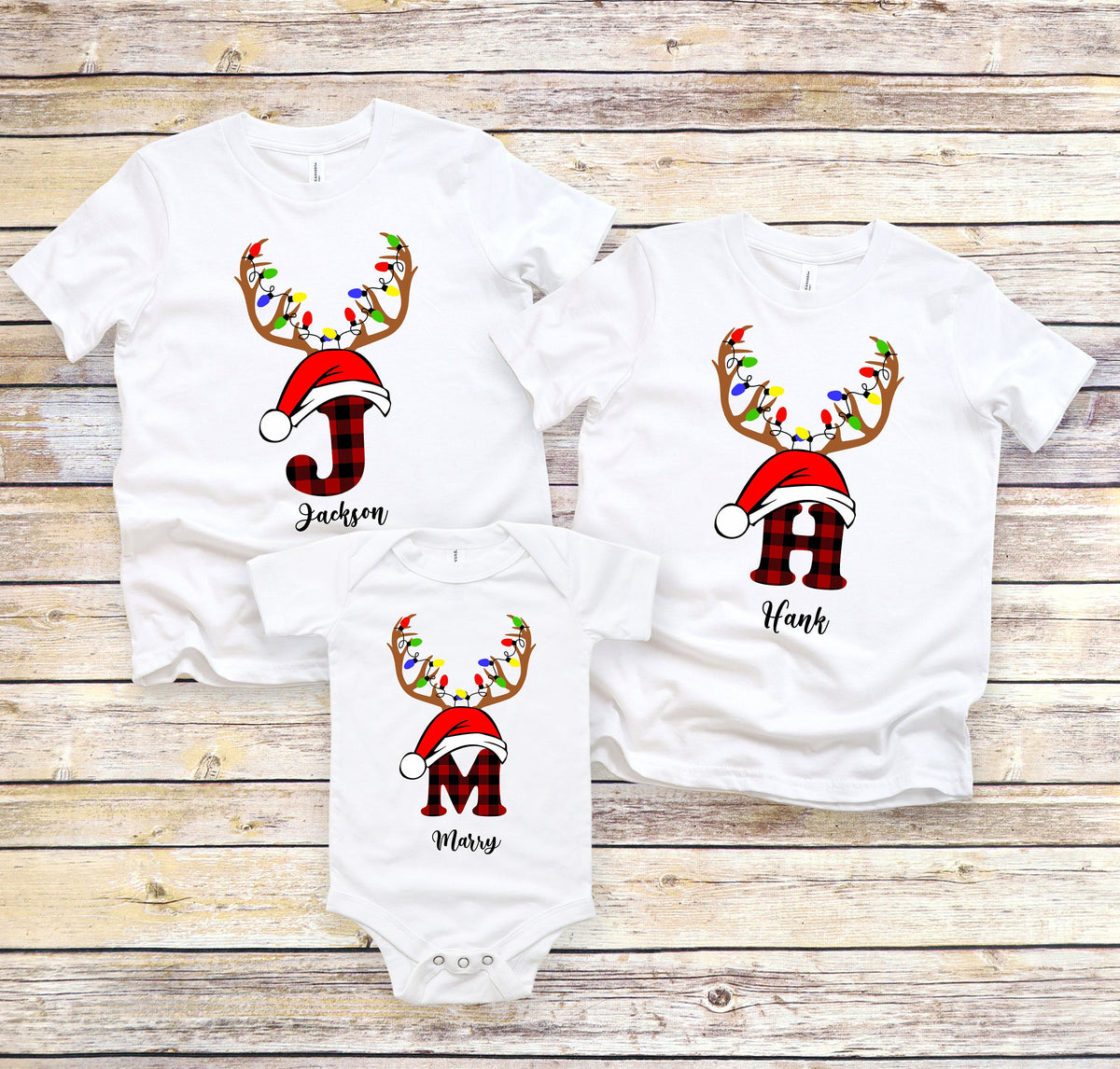 Personalized Family Christmas T-Shirt: Buffalo Plaid Reindeer Initial