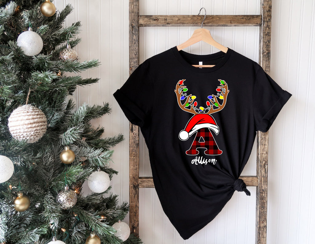 Personalized Family Christmas T-Shirt: Buffalo Plaid Reindeer Initial
