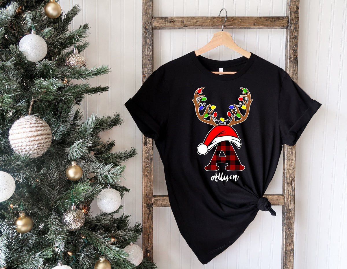 Personalized Family Christmas T-Shirt: Buffalo Plaid Reindeer Initial