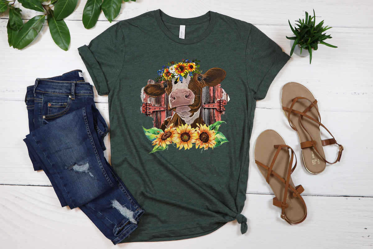 Sunflower Cow Graphic Tee - Farm Life Shirt