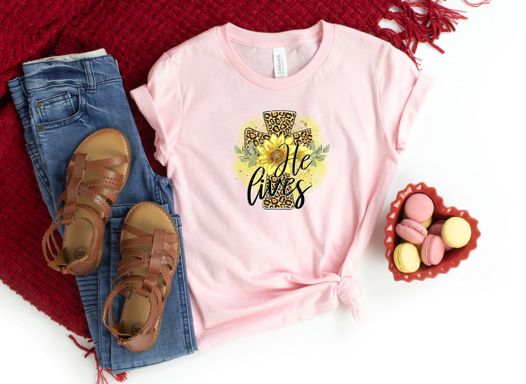 He Lives Easter Shirt: Christian Leopard Cross Graphic Tee