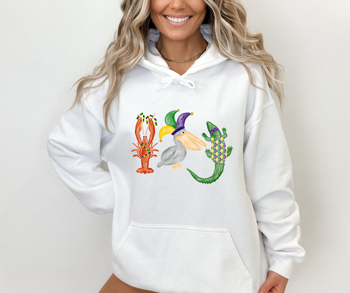 Watercolor Mardi Gras Sweatshirt: NOLA Crocodile, Pelican & Crawfish