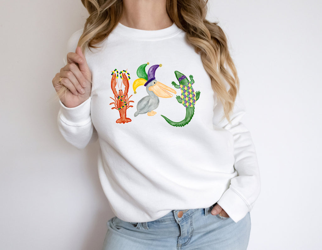 Watercolor Mardi Gras Sweatshirt: NOLA Crocodile, Pelican & Crawfish