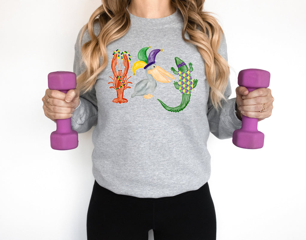 Watercolor Mardi Gras Sweatshirt: NOLA Crocodile, Pelican & Crawfish