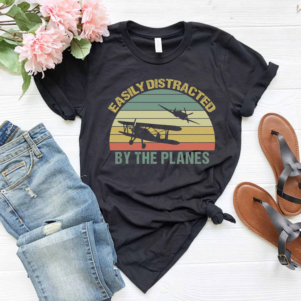 Easily Distracted by Airplanes T-Shirt: Retro Aviation Pilot Gift