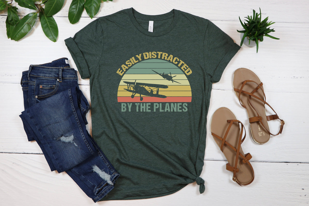 Easily Distracted by Airplanes T-Shirt: Retro Aviation Pilot Gift