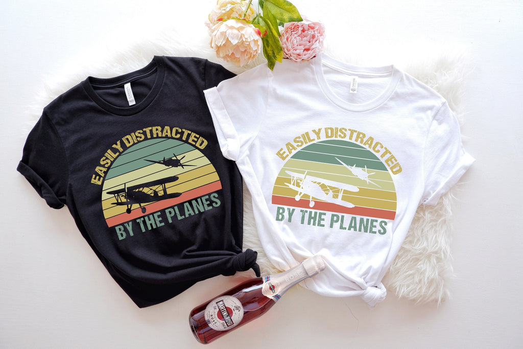 Easily Distracted by Airplanes T-Shirt: Retro Aviation Pilot Gift