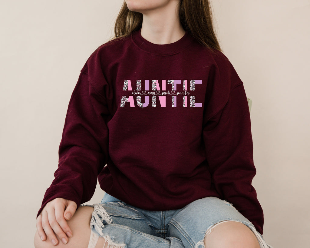 Personalized Auntie Sweatshirt: Leopard Print, Custom Kids Names