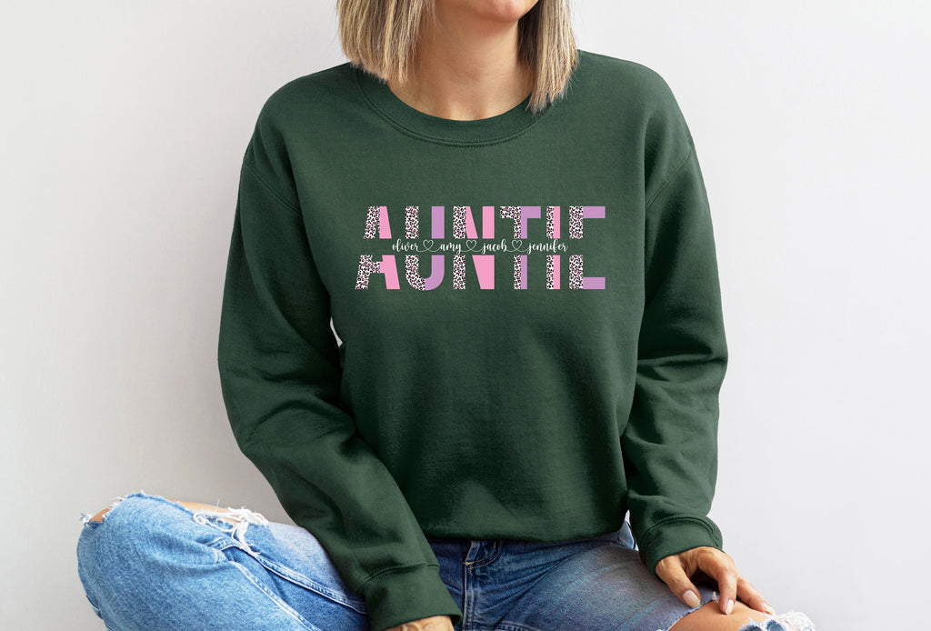 Personalized Auntie Sweatshirt: Leopard Print, Custom Kids Names