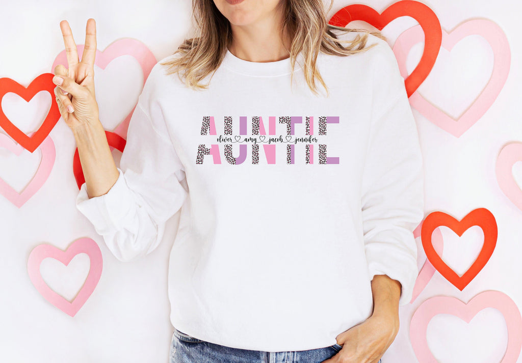 Personalized Auntie Sweatshirt: Leopard Print, Custom Kids Names