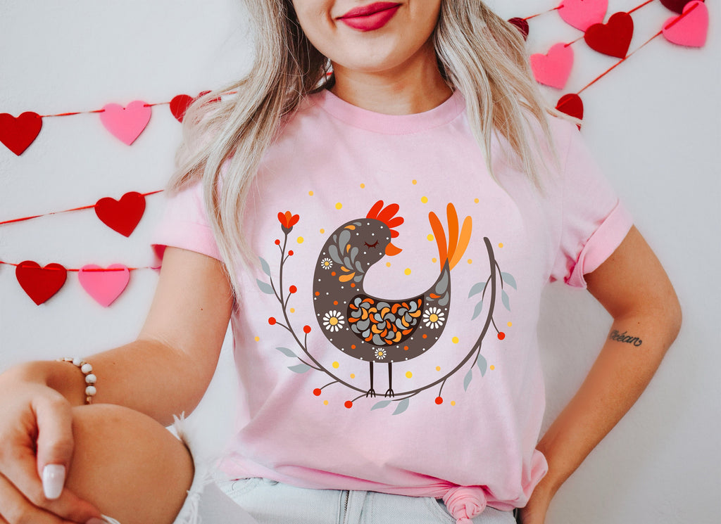 Botanical Chicken T-Shirt: Scandinavian Folk Art Gift