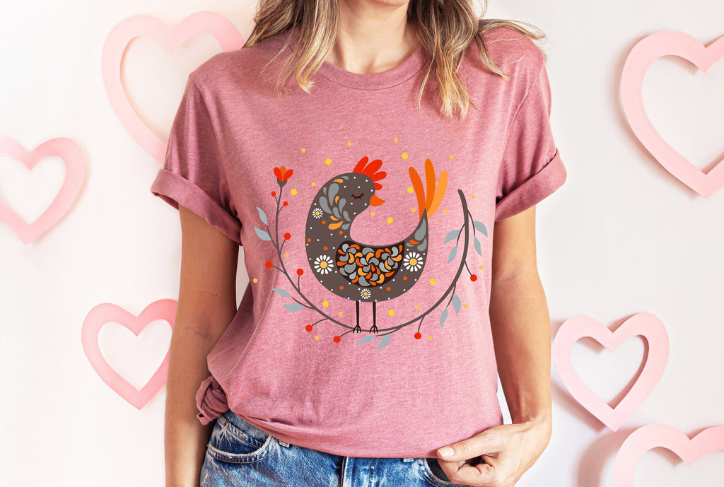 Botanical Chicken T-Shirt: Scandinavian Folk Art Gift