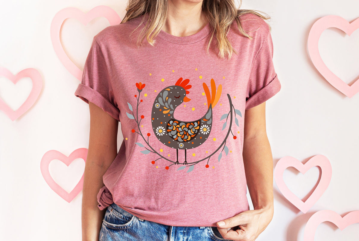 Botanical Chicken T-Shirt: Scandinavian Folk Art Gift