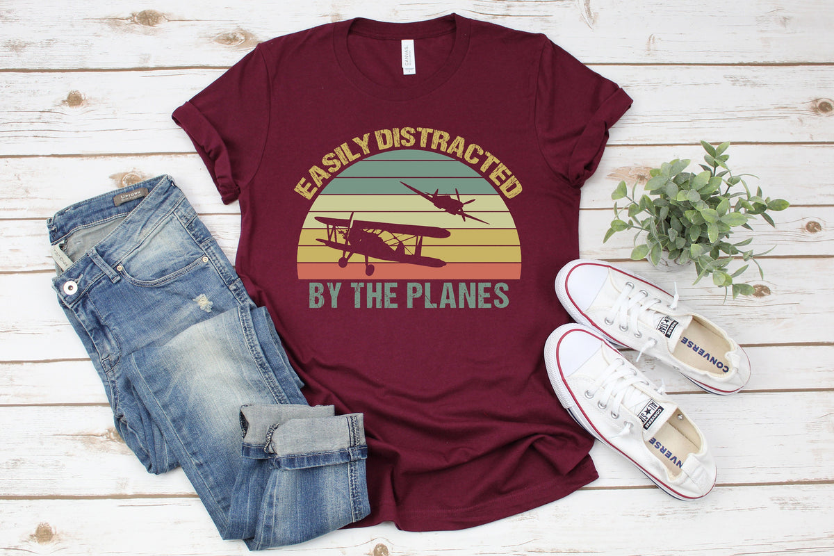 Easily Distracted by Airplanes T-Shirt: Retro Aviation Pilot Gift