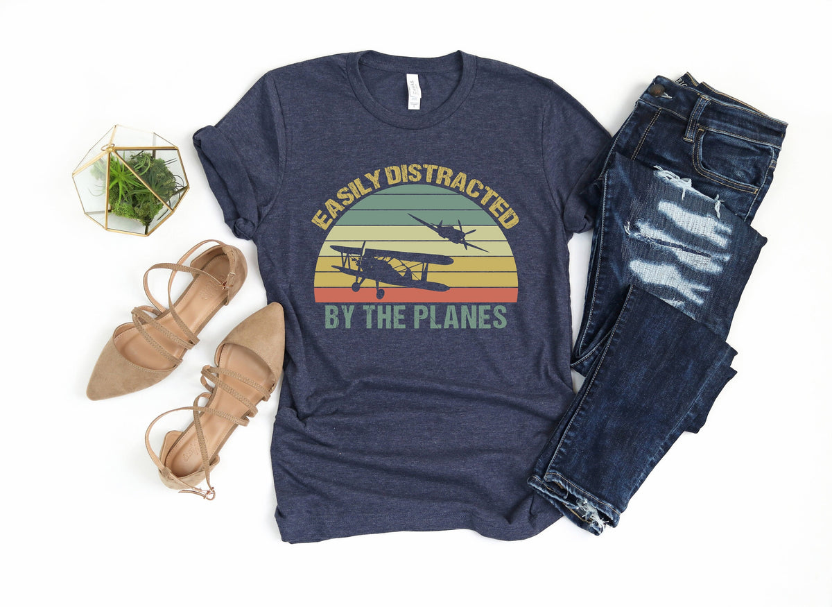 Easily Distracted by Airplanes T-Shirt: Retro Aviation Pilot Gift