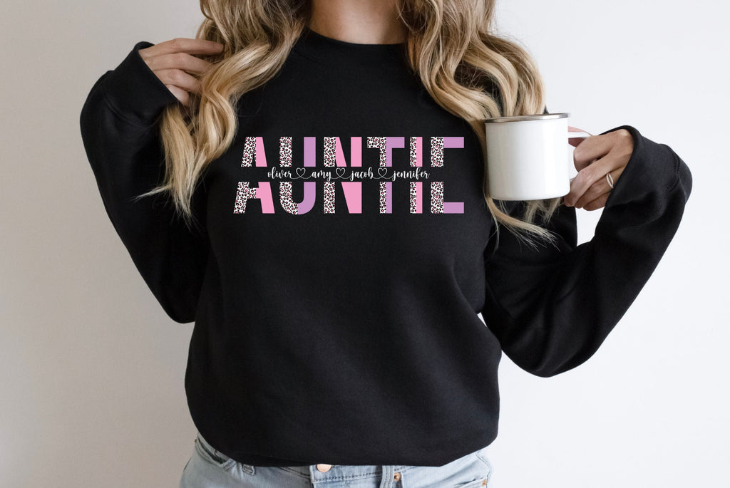 Personalized Auntie Sweatshirt: Leopard Print, Custom Kids Names