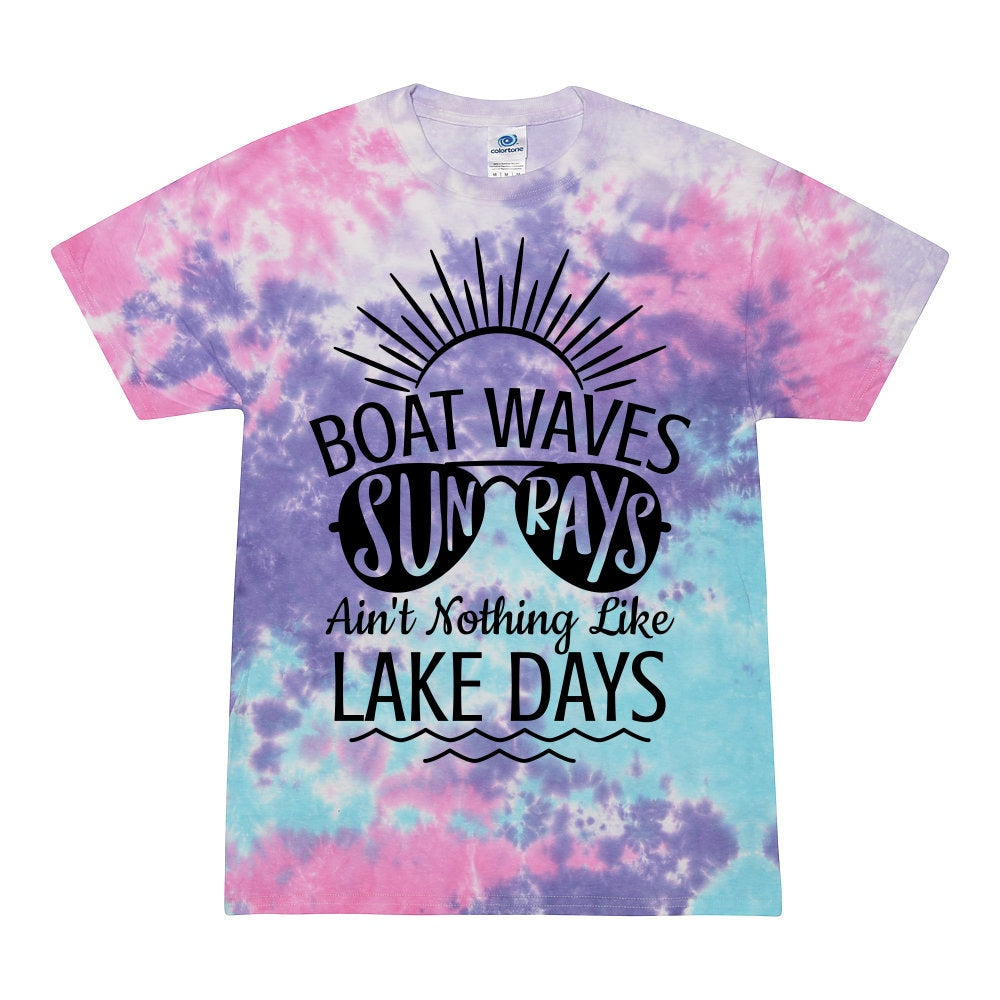 Handmade Lake Days Tie-Dye Shirt: Boat Waves & Sun Rays