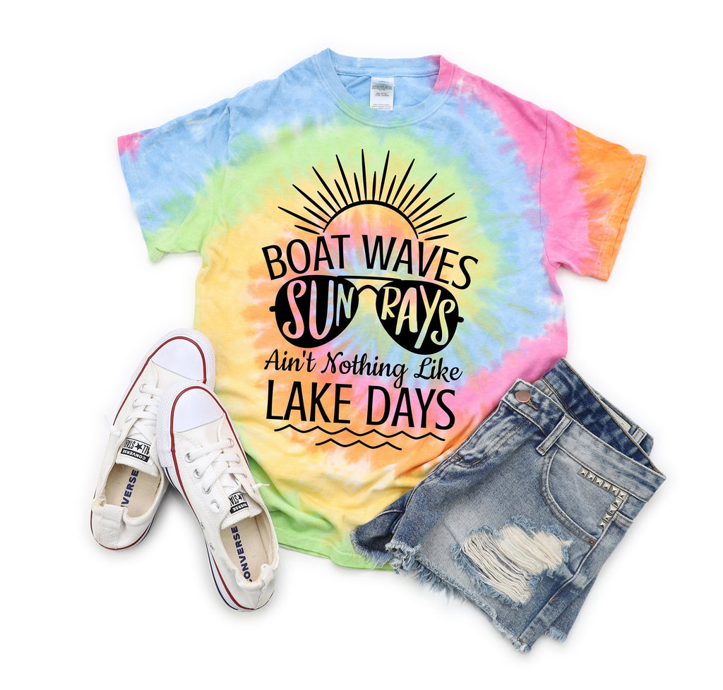 Handmade Lake Days Tie-Dye Shirt: Boat Waves & Sun Rays
