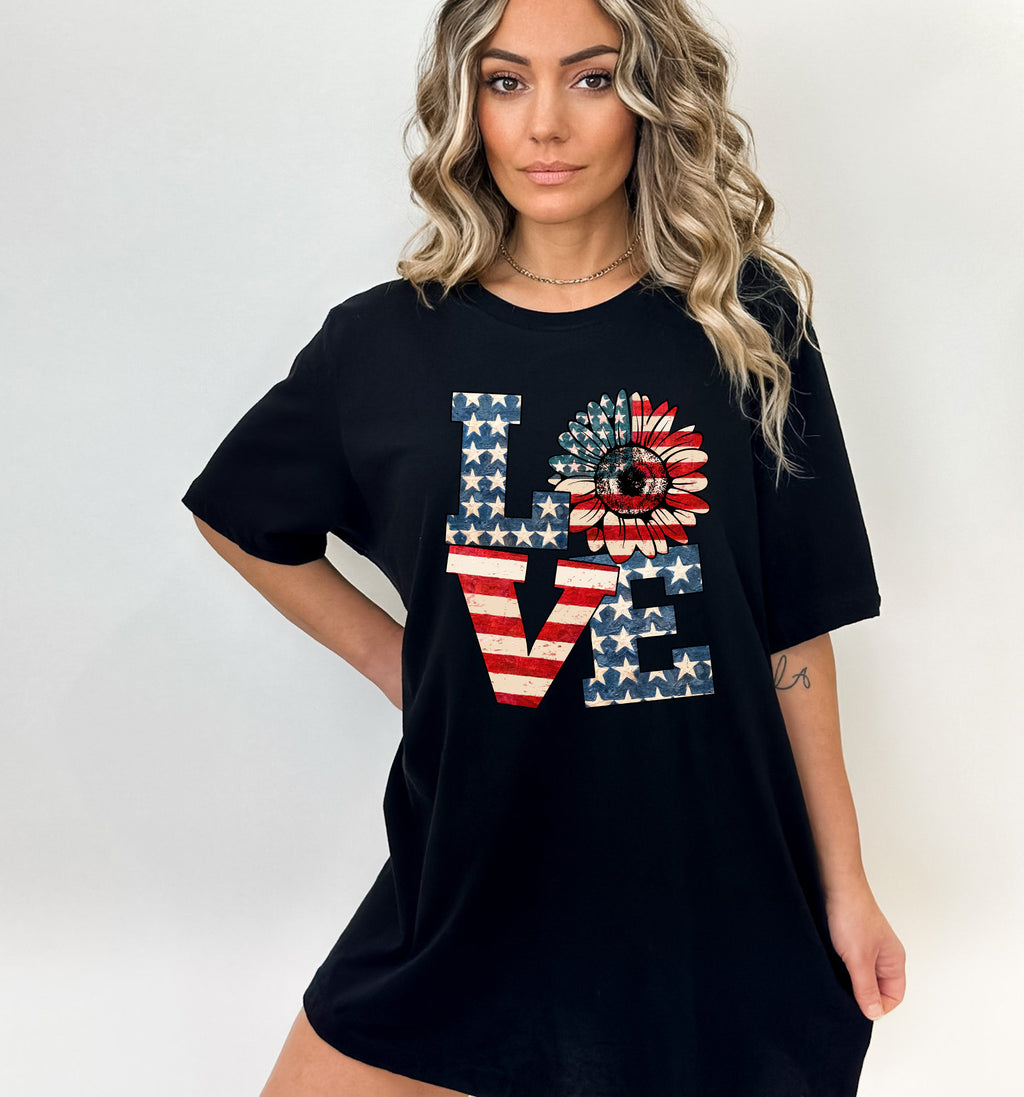 4th of July Sunflower Shirt: Retro American Flag Love Tee
