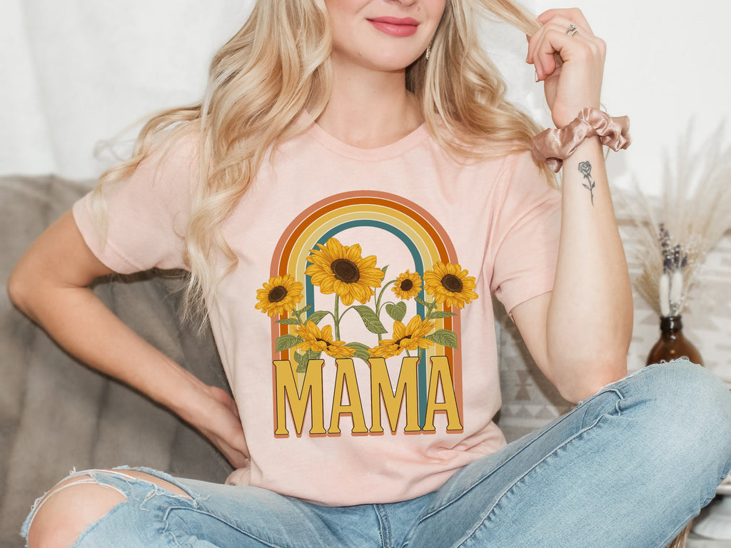 Retro Sunflowers Mama Shirt: Rainbow Graphic Tee
