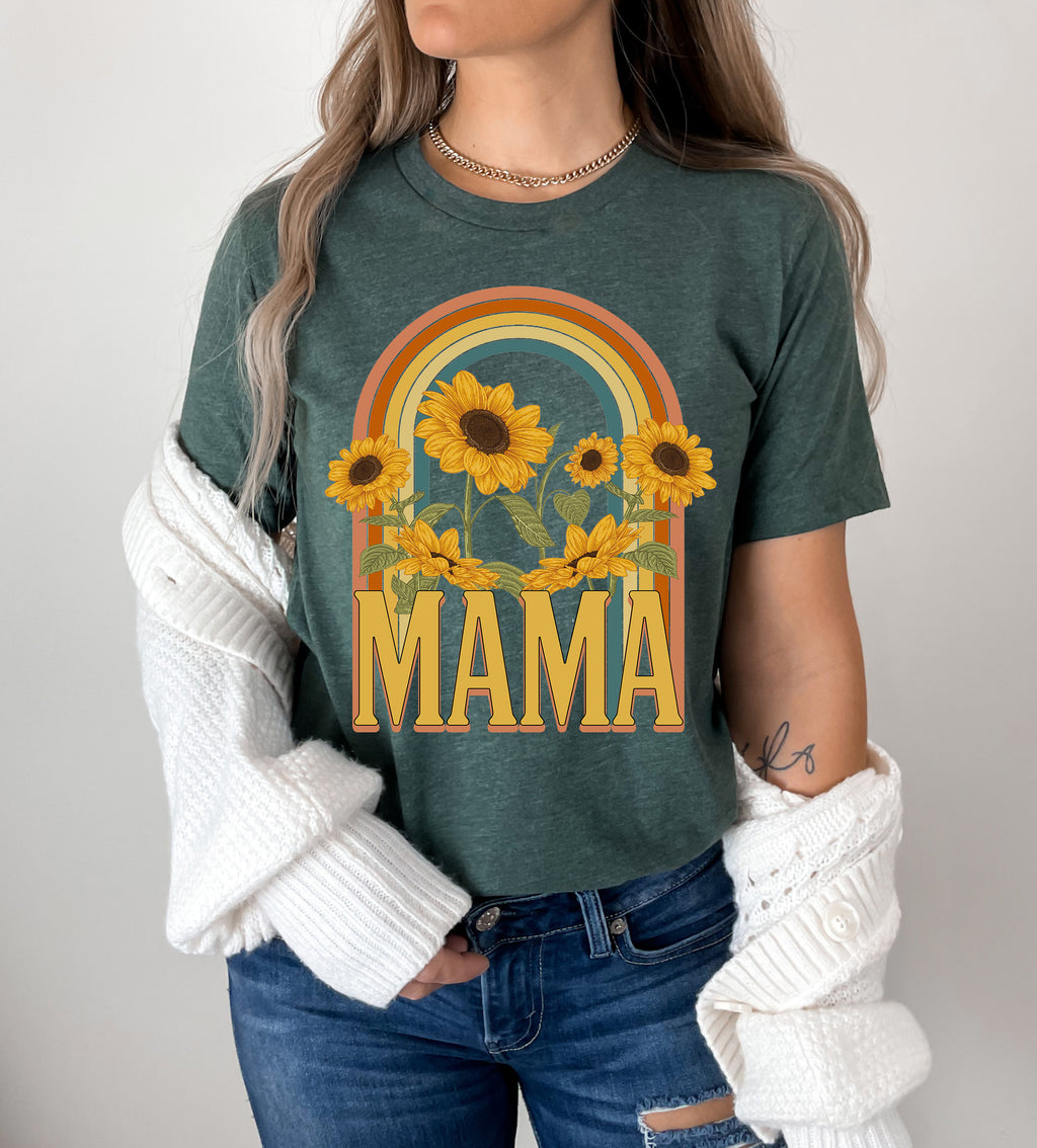 Retro Sunflowers Mama Shirt: Rainbow Graphic Tee