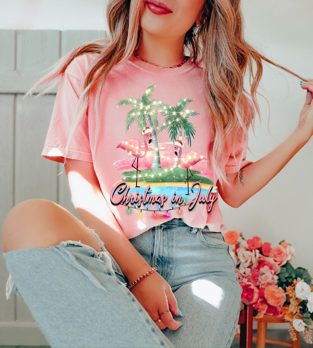 Tropical Christmas in July Shirt: Santa Flamingo Beach Holiday