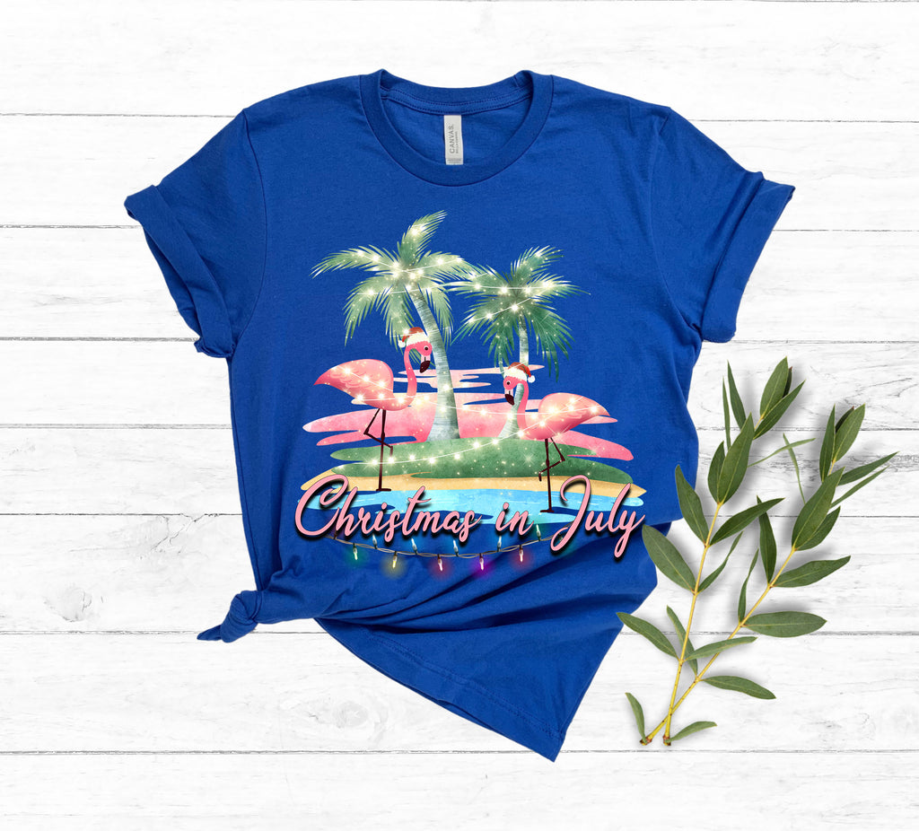 Tropical Christmas in July Shirt: Santa Flamingo Beach Holiday